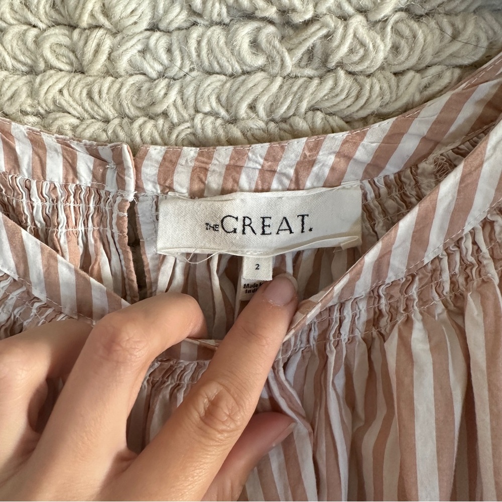 THE GREAT. dusty pink and white striped billowy bishop sleeve top M - Picture 10 of 11